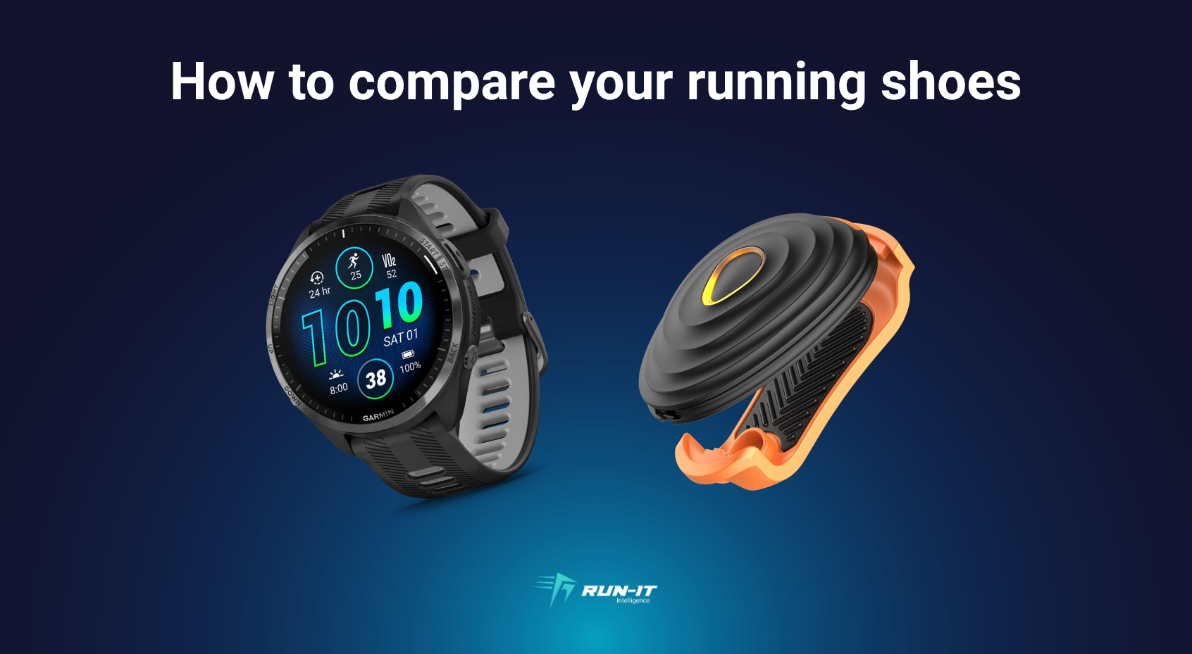 Run-It hero graphic with a Garmin watch, shoe foam, and the headline How to compare your running shoes