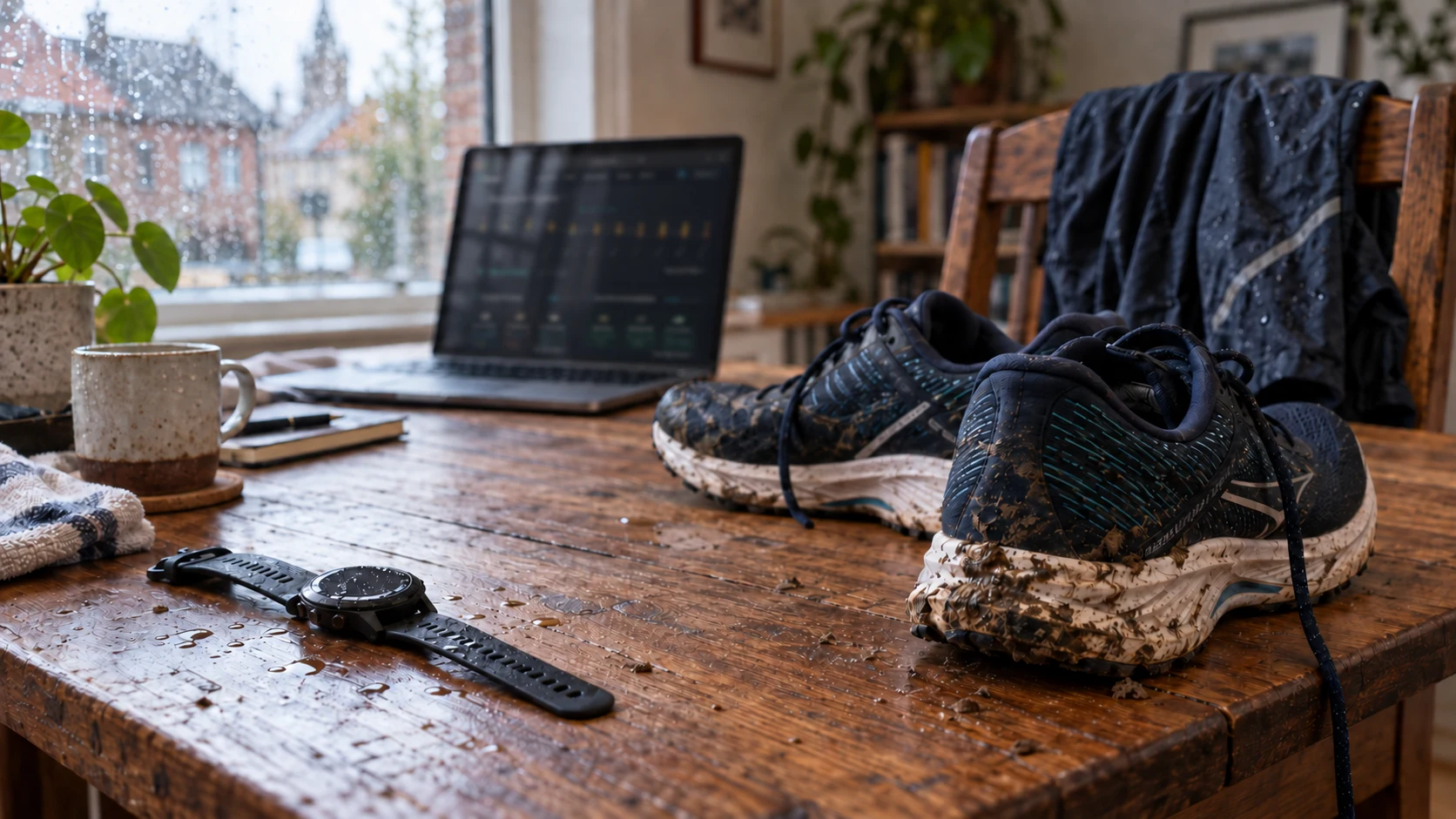 Used Mizuno running shoes and a Garmin watch beside the Run-It dashboard in a laptop browser