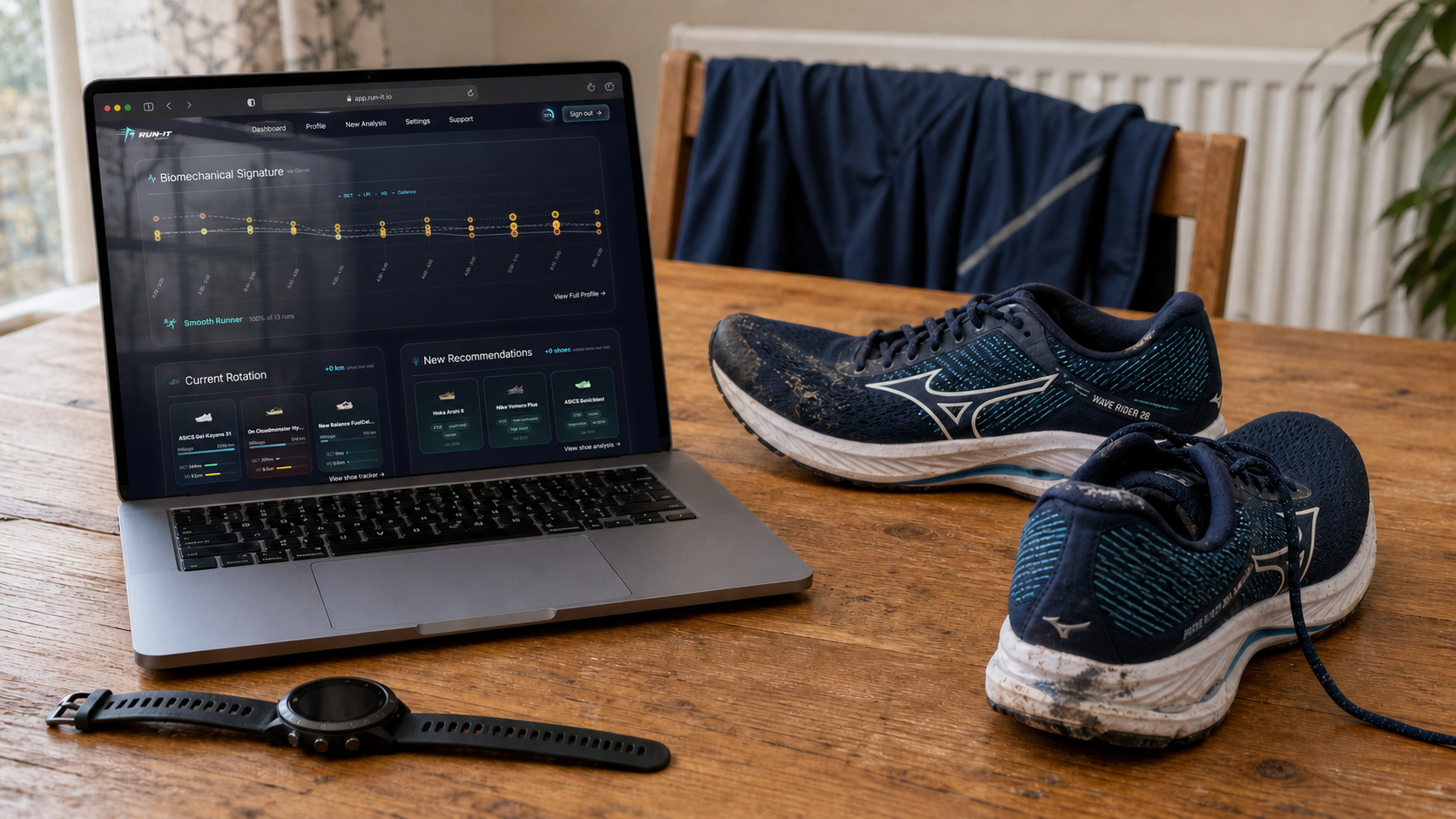 Mizuno Wave Rider 28 shoes and a Garmin Forerunner 265 beside a laptop with the Run-It dashboard open in a browser