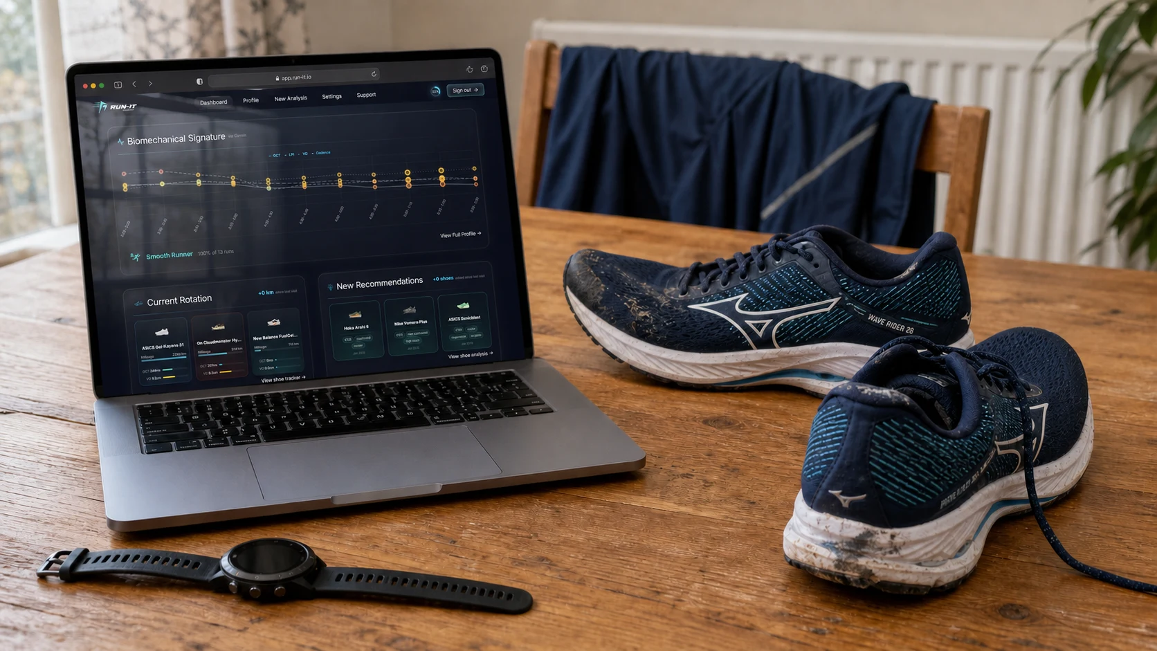 Used Mizuno running shoes and a Garmin watch beside the Run-It dashboard in a laptop browser