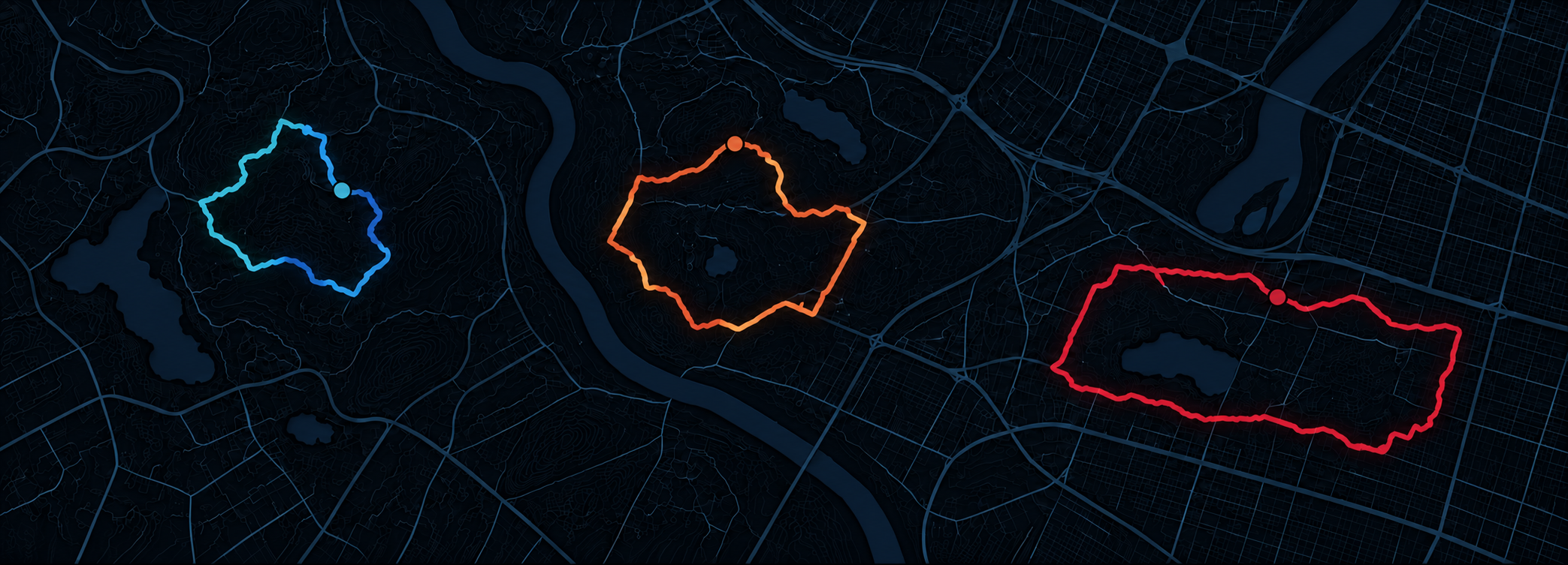Dark running map with illustrative routes for an easy run, a tempo session, and a race