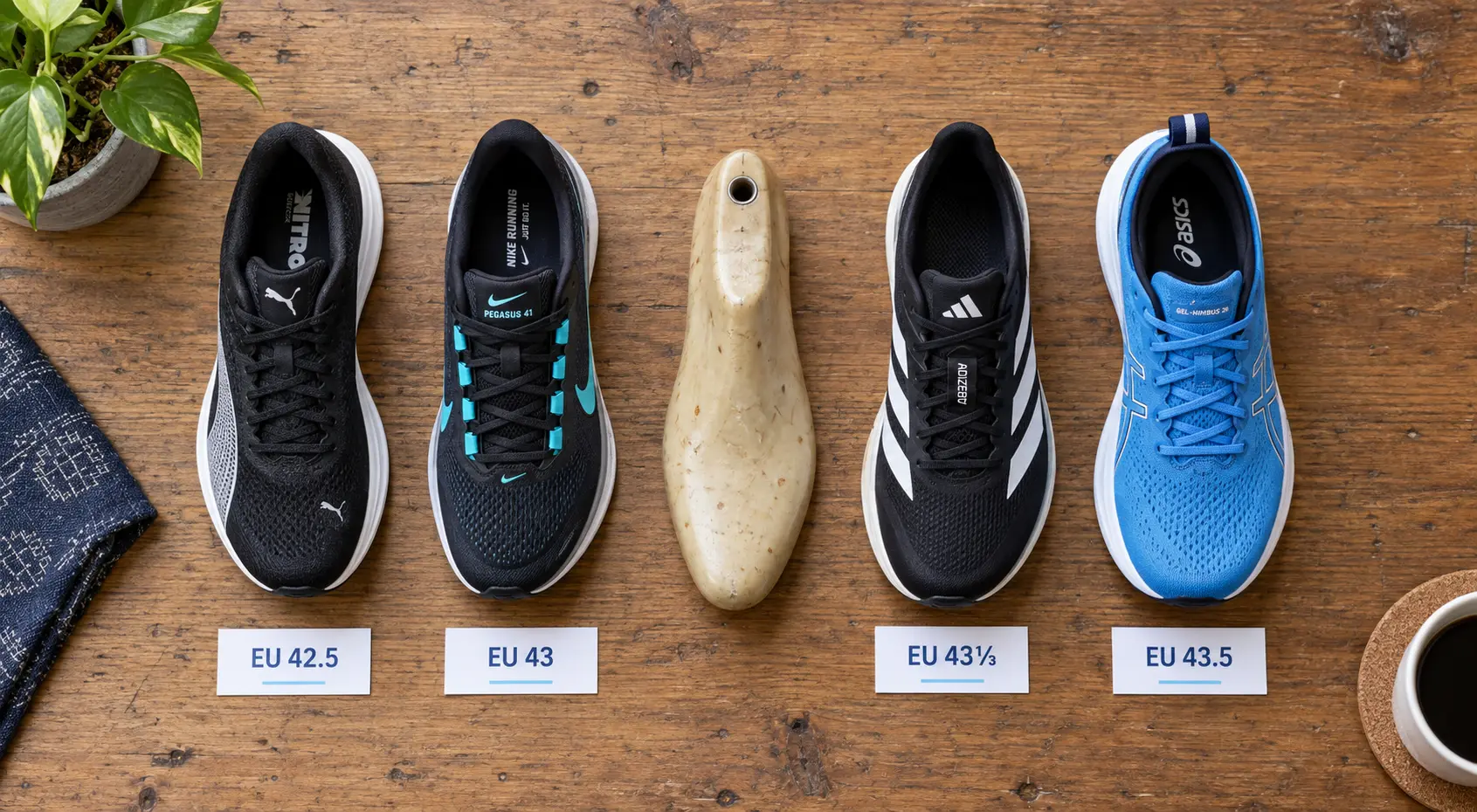 Four running shoes photographed from above beside a shoemaker's last, each labelled with the EU size its own brand prints for the same foot length: PUMA EU 42.5, Nike Pegasus EU 43, adidas Adizero EU 43⅓ and ASICS Gel-Nimbus EU 43.5