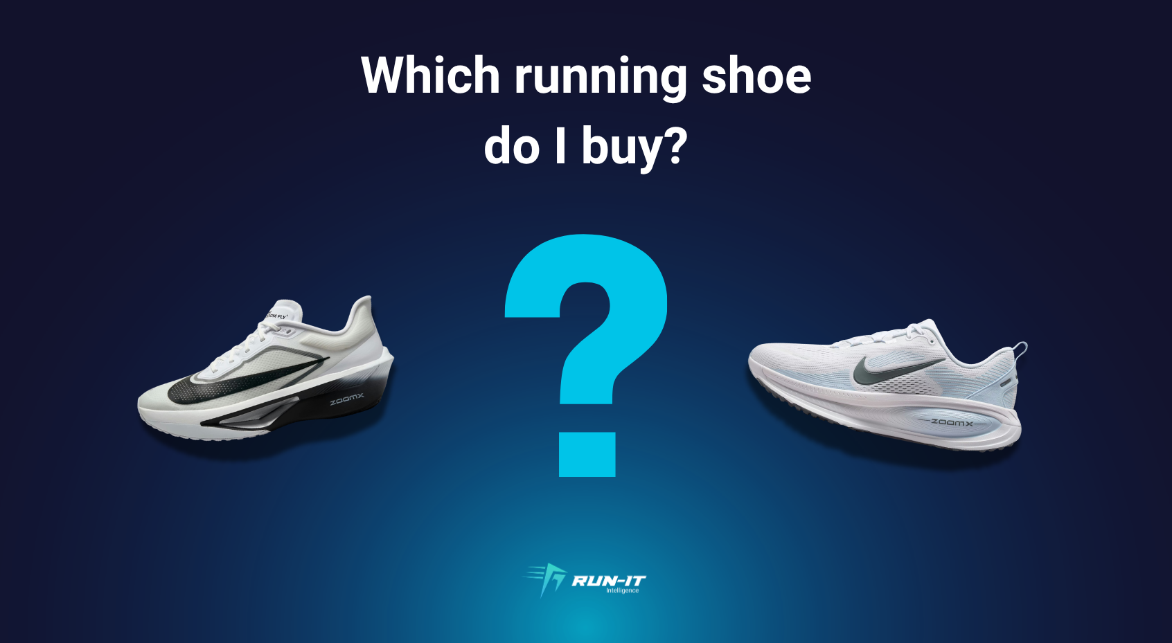 Run-It graphic asking which running shoe do I buy with two road shoes and a question mark